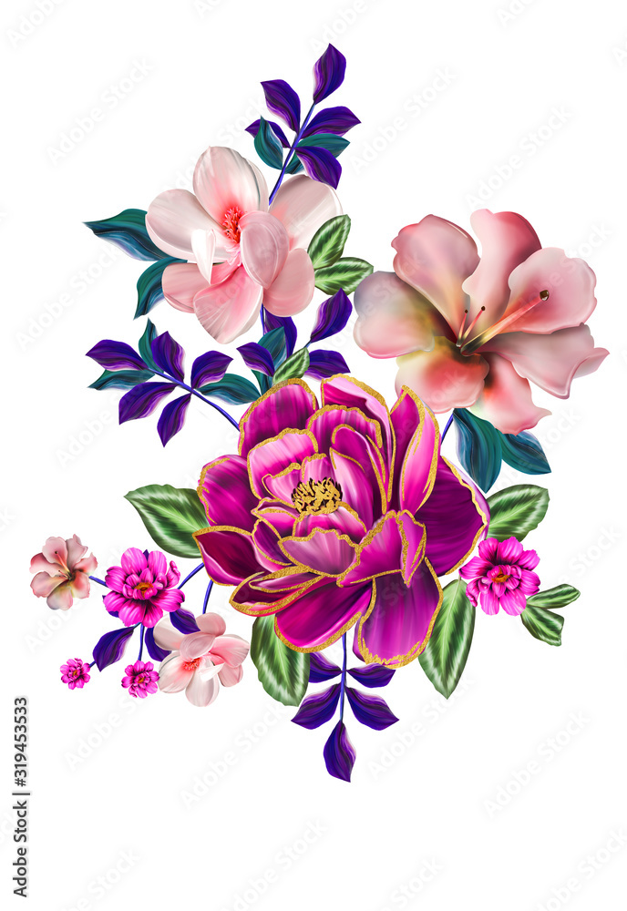 watercolor flowers. floral illustration, flower in Pastel colors, pink rose. branch of flowers isolated on white background. Leaf and buds. Cute composition for wedding or greeting card. bouquet