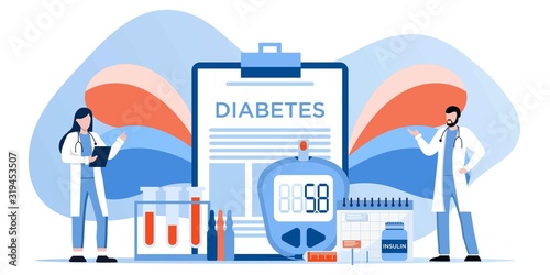 Medicine diabetes type 2 concept. Glucometer for measuring sugar level. Blood glucose meter, pills, syringe and vial, insulin production. Doctor with laboratory test equipment. Vector banner template