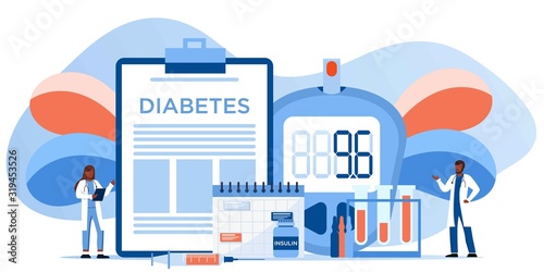 Medicine diabetes type 2 concept. Glucometer for measuring sugar level. Blood glucose meter, pills, syringe and vial, insulin production. Doctor with laboratory test equipment. Vector banner template
