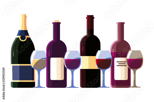 bottle and glass of wine on white background