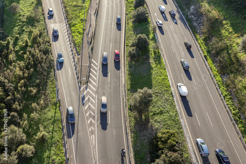 Top view of the tri-band highway with cars
