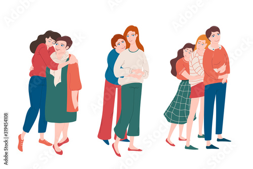 Set of young women hugging with moms with love and tenderness, mother and daughter love, motherhood concept, full length portrait, vector illustration isolated on white background