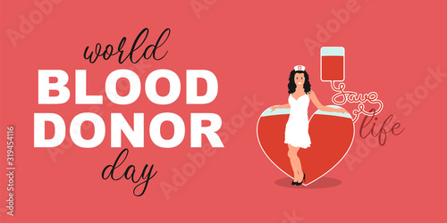 Young woman nurse donation blood in heart. World Blood Donor Day - 14 June. Cartoon flat doctor character on red background. Vector Illustration banner with text - World Blood Donor Day