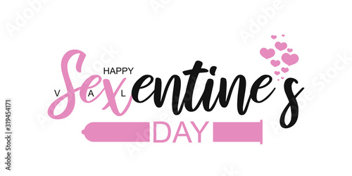 Happy St.Valentine's (Sexentines) day text on white background. Typography postcard, card, invitation, banner, poster template with pink heart and condom. T-shirt cute print. Vector illustration.