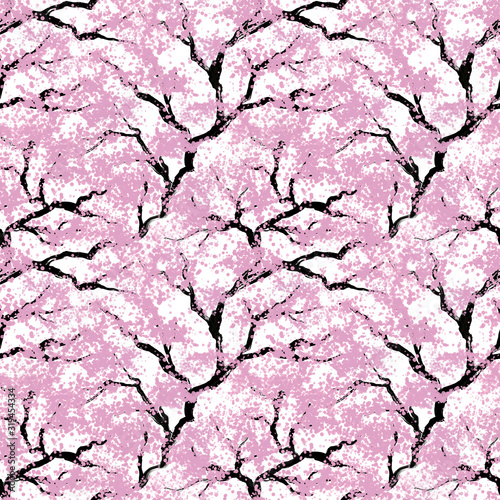 Blooming tree painted in japanese style, seamless pattern