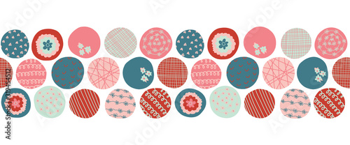 Colorful dots seamless vector kids border. Pink, red, blue textured circles repeating background. Abstract hand drawn doodle pattern for fabric trim, ribbon, kids decor, footer, header, divider