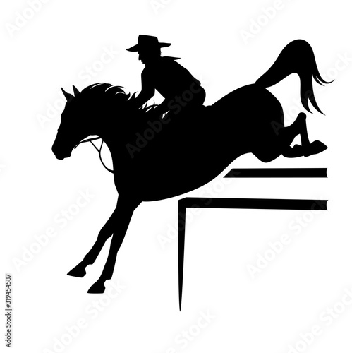 cowboy rider riding horse jumping over the fence - wild west ranger black and white vector silhouette design