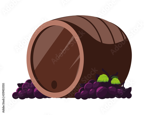 grapes branches and wine barrel on white background