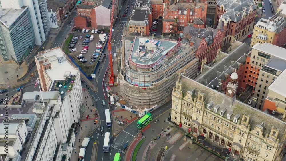 Leeds UK, 29th Jan 2020: Aerial footage of renovation work being done on The Majestic building located in the town centre of Leeds in West Yorkshire in the UK, soon to be Channel 4 headquarters.