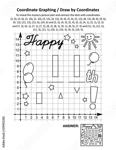 100th day of school learning celebration coordinate graphing, or draw by coordinates, and coloring page math worksheet with “Happy 100th day!” greeting mystery picture. Answer included.