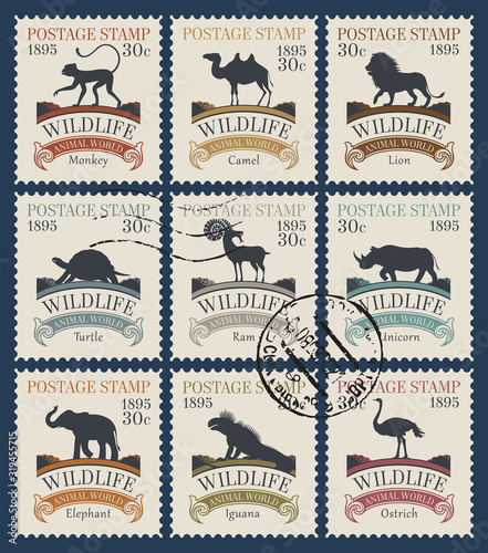 Vector set of postage stamps on the theme of wildlife animals and birds with postmarks. Philatelic collection of old stamps with silhouettes of various animals in retro style