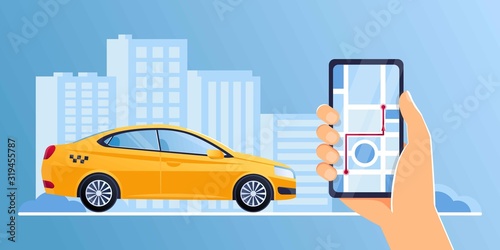 Car sharing service app advertising web banner. Smartphone screen with city map navigation, taxi car and location pin. Smart city transportation. Online order taxi service. For landing, poster, flyer