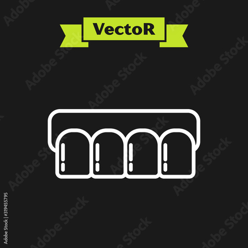 White line Dentures model icon isolated on black background. Teeth of the upper jaw. Dental concept. Vector Illustration