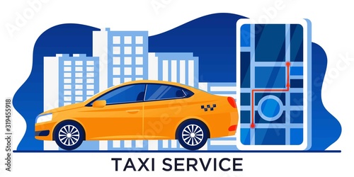 Car sharing service app advertising web banner. Smartphone screen with city map navigation, taxi car and location pin. Smart city transportation. Online order taxi service. For landing, poster, flyer