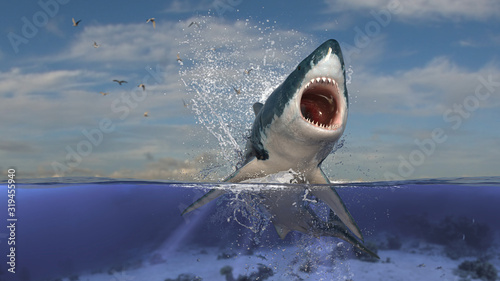 Horizontal view of great white shark jumping and breaching out of water line half underwater view 3d rendering