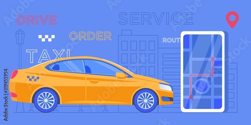Car sharing service app advertising web banner. Smartphone screen with city map navigation, taxi car and location pin. Smart city transportation. Online order taxi service. For landing, poster, flyer