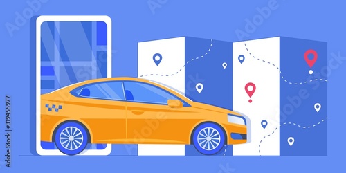 Car sharing service app advertising web banner. Smartphone screen with city map navigation, taxi car and location pin. Smart city transportation. Online order taxi service. For landing, poster, flyer