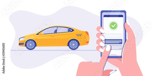 Car sharing, mobile app for booking taxi banner. Smartphone screen with city map navigation, mobile online payment by credit card.Smart city transportation. Online order yellow car service.