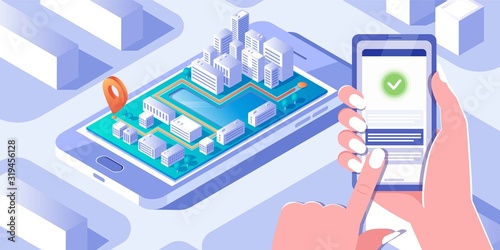 Car sharing, mobile app for booking taxi banner. Smartphone screen with city map navigation, mobile online payment by credit card.Smart city transportation. Online order yellow car service.