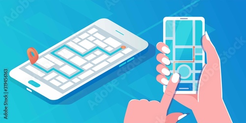 Car sharing service app advertising web banner. Smartphone screen with city map navigation, taxi car and location pin. Smart city transportation. Online order taxi service. For landing, poster, flyer