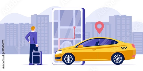 Car sharing service app advertising web banner. Smartphone screen with city map navigation, yellow taxi car and location pin. Tourist with a suitcase getting in a taxi. Airport transfer