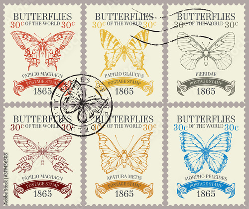 Vector set of postage stamps with various beautiful butterflies and their names in retro style. Old stamps with colored contour drawings and postmarks on a light background