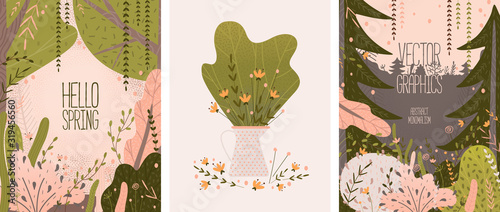Decorative abstract plants and flowers. minimalism, vector graphics. tree, bush, branch, grass, flowers, spruce.