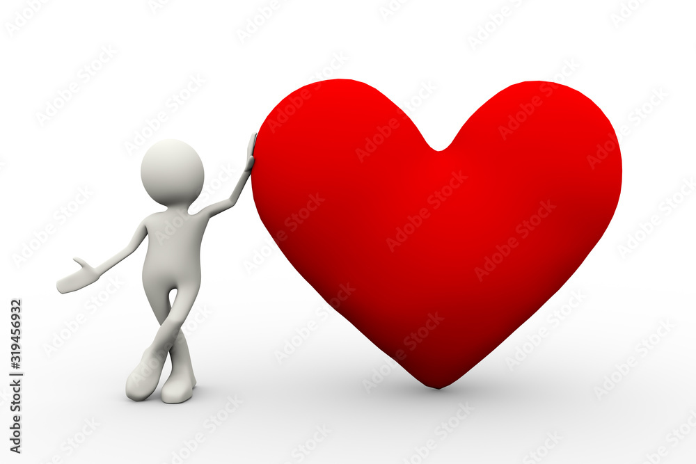 3d man standing with large heart shape 3d man standing with large heart shape