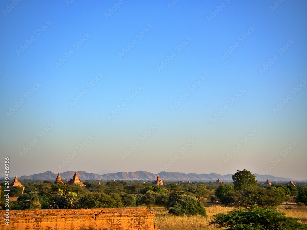 Fototapeta premium The close landscape of the Bagan, World Heritage Site with evening clear sky in Myanmar