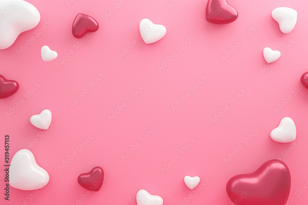 Blank frame and hearts pattern on pink background with Happy valentine day. Beautiful mini heart style. 3D rendering. - obrazy, fototapety, plakaty 