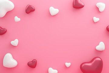 Blank frame and hearts pattern on pink background with Happy valentine day. Beautiful mini heart style. 3D rendering.