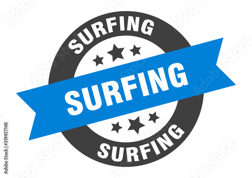 surfing sign. surfing round ribbon sticker. surfing tag