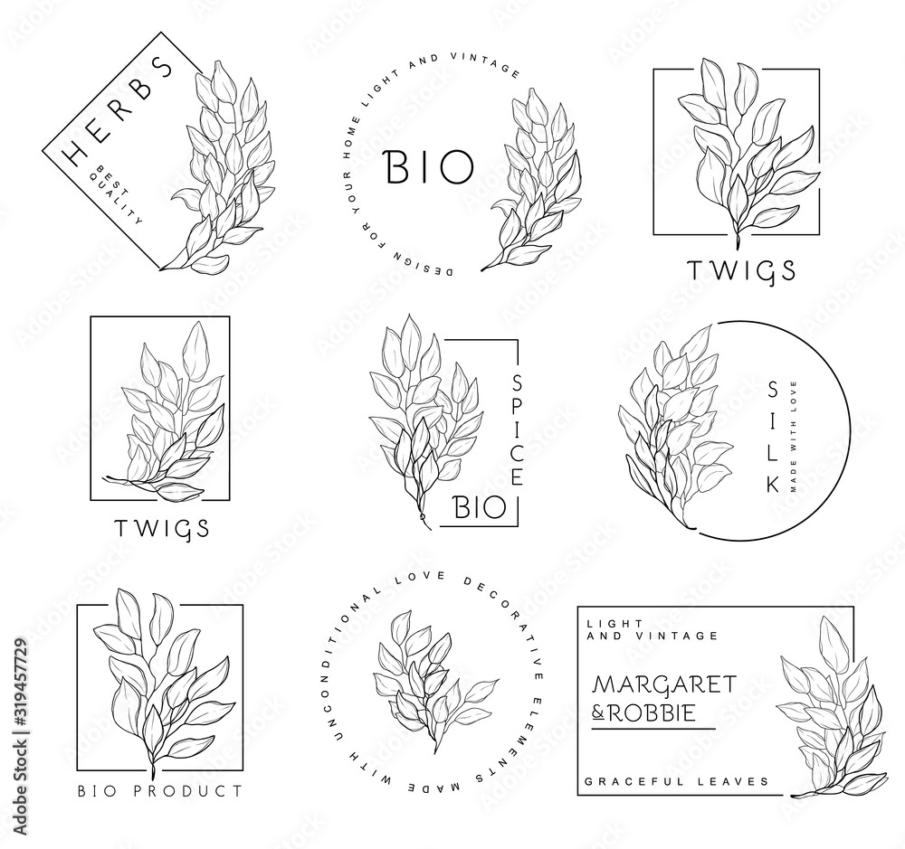 Fototapeta premium Leaf symbols, logos, icons and signs collection. Set of floral design elements.