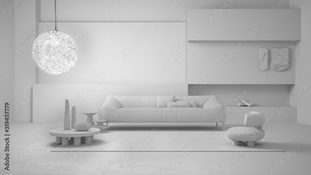 Total white project draft, elegant living room with fireplace. Large sofa with pillows, carpet, armchair, side tables, vases, decors, pendant lamp. Modern interior design