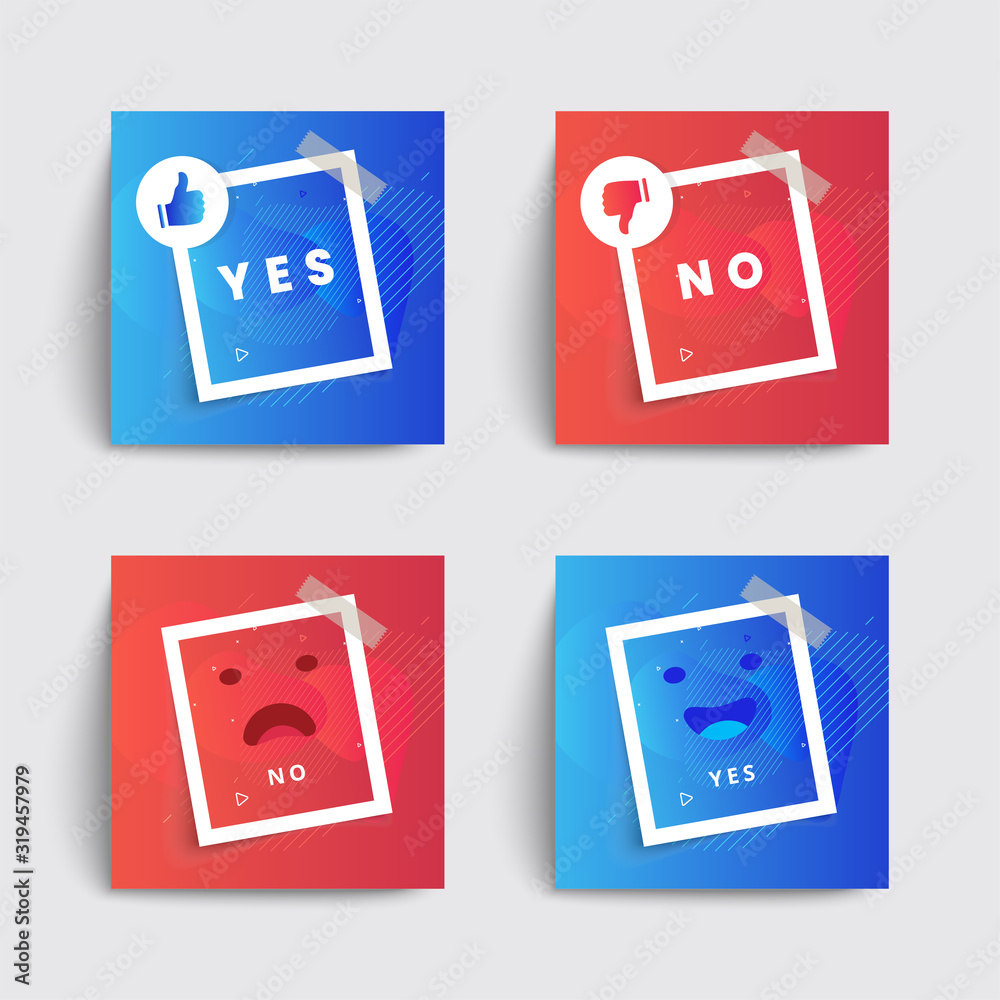 Set of liquid social media box templates. Thumb up and thumb down icons set. Yes or no? Red and blue colors. Applicable for gift card, banners, social media. Applicable for gift card, banners, social Set of liquid social media box templates. Thumb up and thumb down icons set. Yes or no? Red and blue colors. Applicable for gift card, banners, social media. Applicable for gift card, banners, social