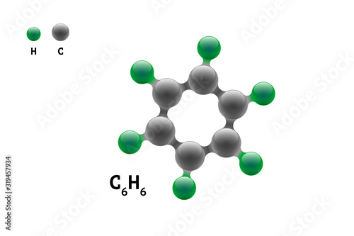 Chemistry model molecule benzene C6H6 scientific element formula. Integrated particles natural inorganic 3d benzol molecular structure compound. Six carbon and hydrogen volume atom vector spheres photo
