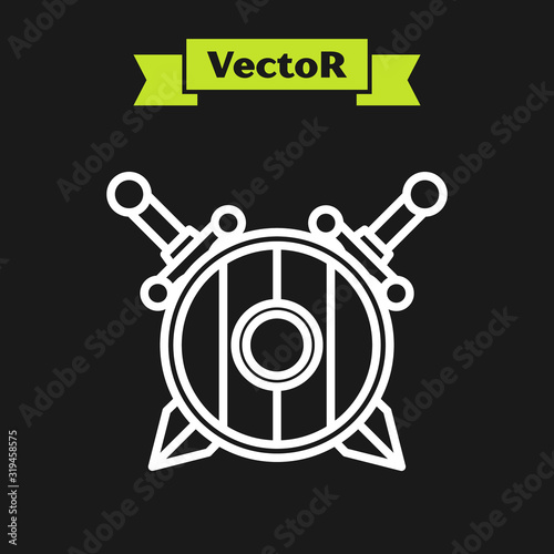 White line Medieval wooden shield with crossed swords icon isolated on black background. Vector Illustration