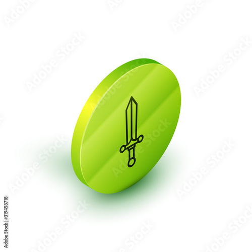 Isometric line Medieval sword icon isolated on white background. Green circle button. Vector Illustration