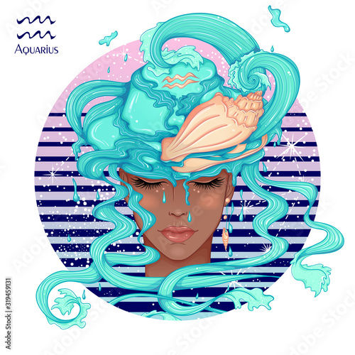 Zodiac. Vector illustration of the astrological sign of Aquarius as a beautiful fashion african american girl in hat. Sign inscribed in a round shape isolated on white background. Fashion woman