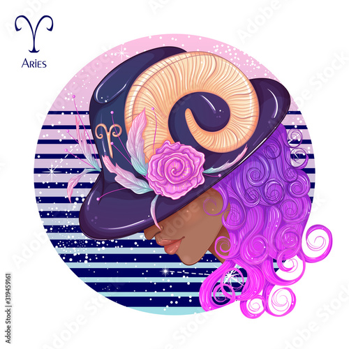 Zodiac. Vector illustration of the astrological sign of Aries as a beautiful fashion african american girl in hat. Sign inscribed in a round shape isolated on white background. Fashion woman