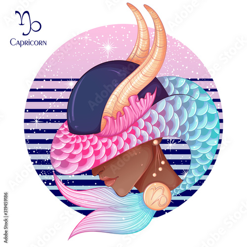Zodiac. Vector illustration of the astrological sign of Capricorn as a beautiful fashion african american girl in hat. Sign inscribed in a round shape isolated on white background. Fashion woman