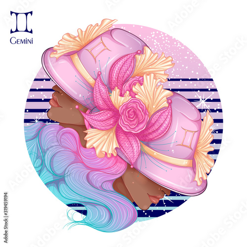 Zodiac. Vector illustration of the astrological sign of Gemini as a beautiful fashion african american girl in hat. Sign inscribed in a round shape isolated on white background. Fashion woman