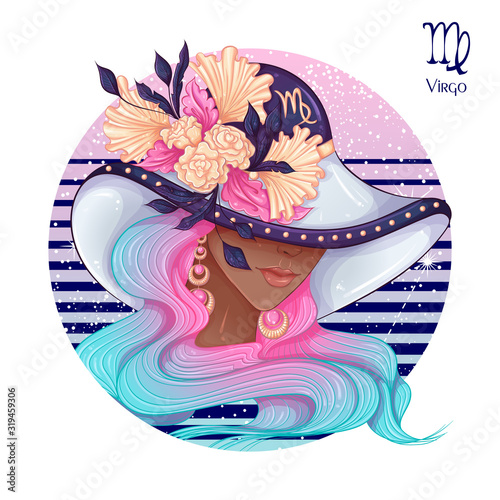 Zodiac. Vector illustration of the astrological sign of Virgo as a beautiful fashion african american girl in hat. Sign inscribed in a round shape isolated on white background. Fashion woman