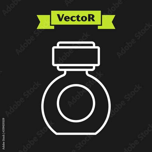 White line Aftershave icon isolated on black background. Cologne spray icon. Male perfume bottle. Vector Illustration