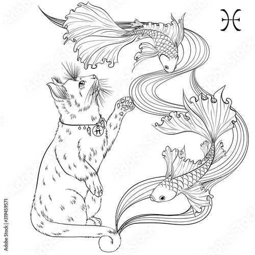 Zodiac. Vector illustration of the astrological sign of Pisces as a cat standing on two hind legs. Line art template suitable for coloring book page. Print isolated on white background