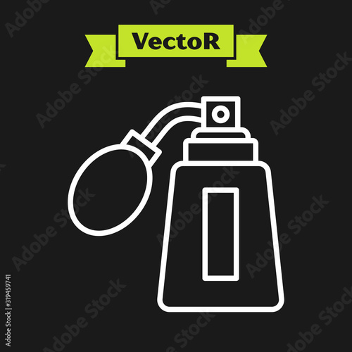 White line Aftershave bottle with atomizer icon isolated on black background. Cologne spray icon. Male perfume bottle. Vector Illustration