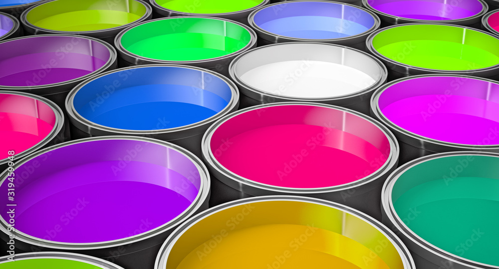 Colorful Paint buckets background - 3D Rendering Colorful Paint buckets background - 3D Rendering