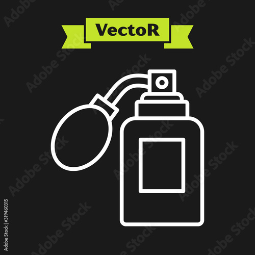 White line Aftershave bottle with atomizer icon isolated on black background. Cologne spray icon. Male perfume bottle. Vector Illustration