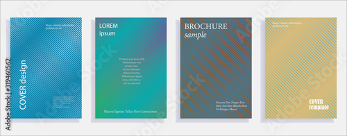 Minimalistic cover design templates. Set of layouts for covers of books, albums, notebooks, reports, magazines. Line halftone gradient effect, flat modern abstract design. Geometric mock-up texture