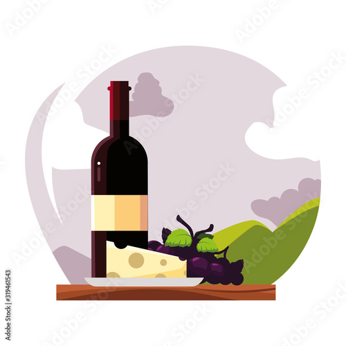 wine bottle with cheese and grapes on background landscape
